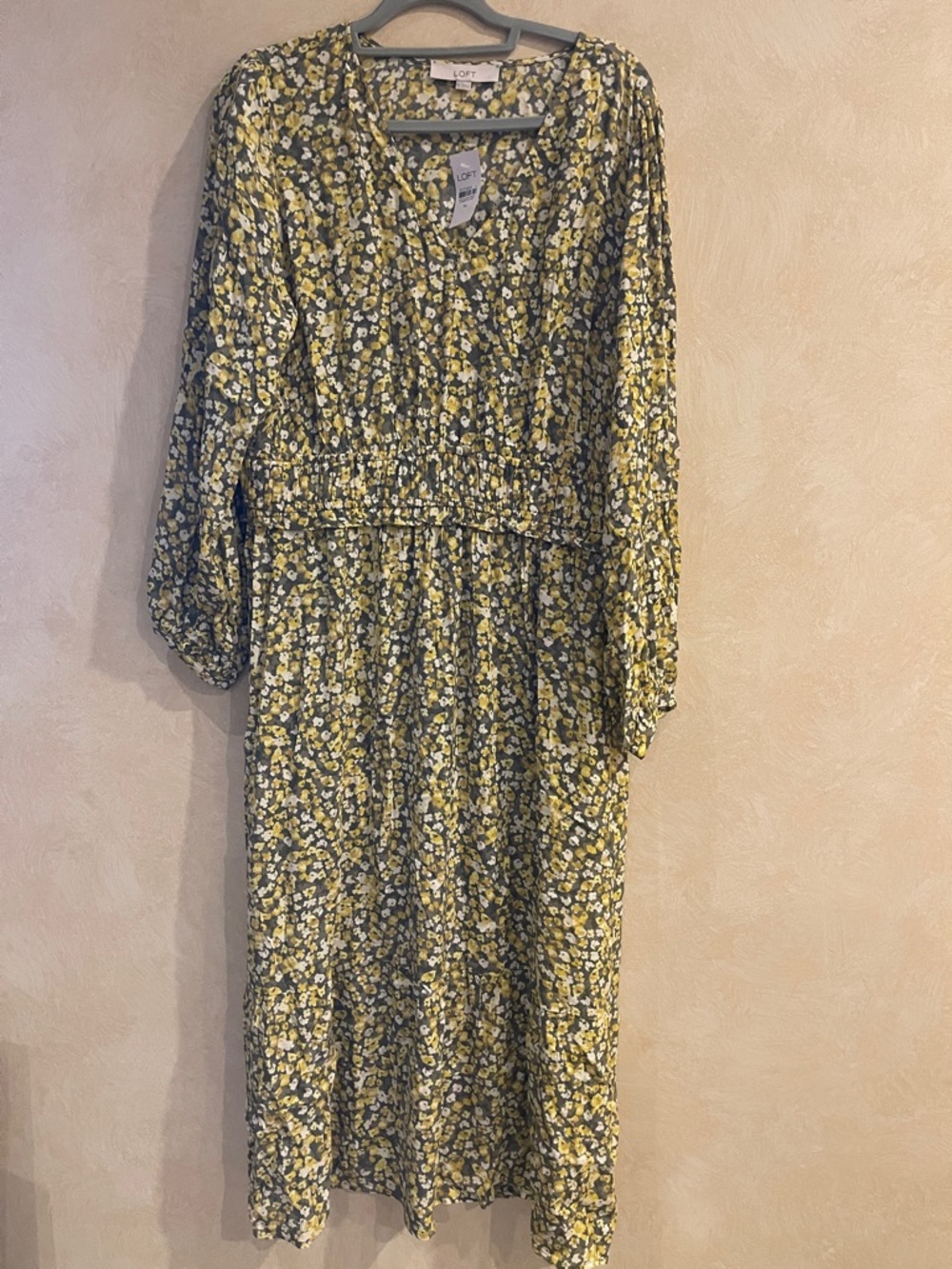 NWT LOFT Yellow and White Floral Long-Sleeve Midi Dress Sixe XL